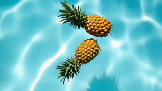 Two vibrant pineapples floating in refreshing blue pool water