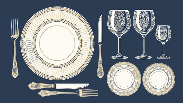 A vector graphic illustration of a formal table setting with elegant dinnerware and glassware on a dark blue background