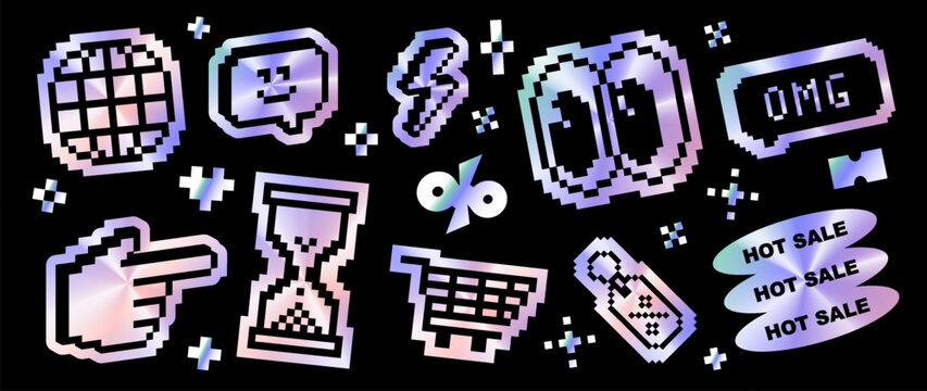 Cool Y2K pixel icon sticker pack. Black 8bit symbols on glossy holographic backgrounds. Cursor, smile, hand, globe, eyes, shopping cart icons. Trendy cyber UI elements for social media, digital design