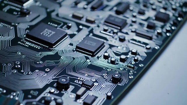 Macro shot of a printed circuit board with silver traces, black chips, and solder joints; high-tech texture with blue tones and reflective surfaces