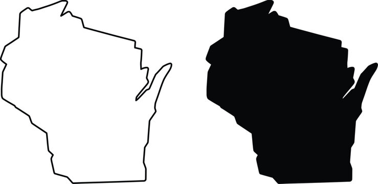 Wisconsin state map silhouette outline and solid black shape midwest america geography set