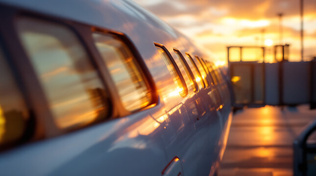 Golden hour reflections on an airplane's windows at an airport during a beautiful sunset, highlighting the fuselage and a jet bridge.