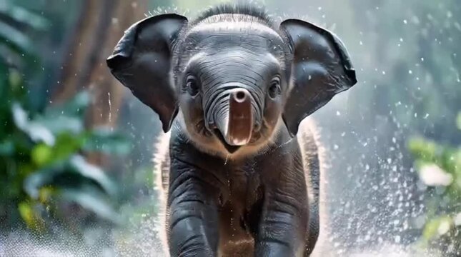Adorable baby elephant running towards the camera with ears flapping in a wet, lush environment