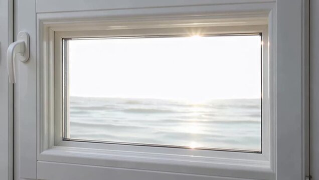 View of the ocean through a white window frame with sunlight reflecting on the water.