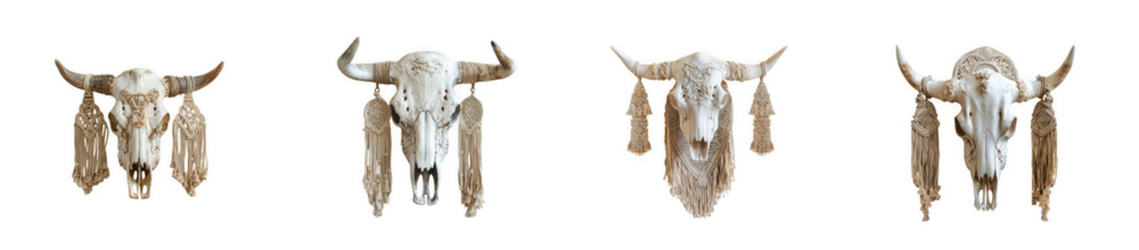 Decorative cow skull collection with hanging feathers, tribal style and isolated on transparent background