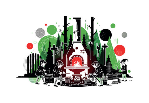 workshop scene with glowing furnace and elves abstract circles lines and geometric shapes representing forest magical forge black and white retro elf figures