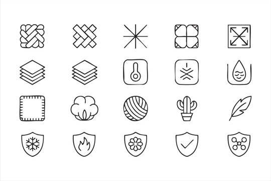 Textile Properties Icon Set with Breathable Windproof and Fire Resistant Symbols
