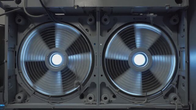 Two spinning industrial fans or circular mechanisms with blue light in a machinery setup.