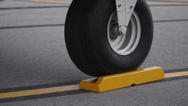 Plane Wheel On Yellow Stop Block. Aircraft Wheel Positioned On Bright Yellow Support Block During Inspection. Closeup Of Airplane Tire Resting On Yellow Chock With Runway Markings Visible Behind