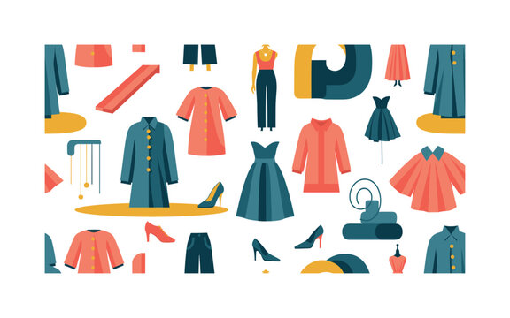 innovative fashion motifs seamless pattern, experimental garments, exaggerated silhouettes, unconventional accessories, abstract fashion props and runway