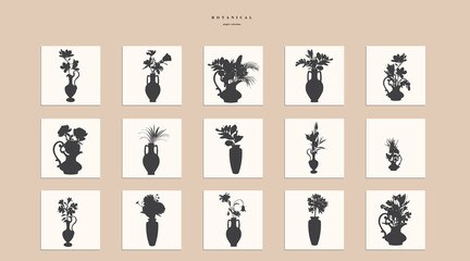 Fototapeta premium Hand drawn vases set. Flowers bouquets line art. Clip art flower arrangement in vase. Minimalist illustration.