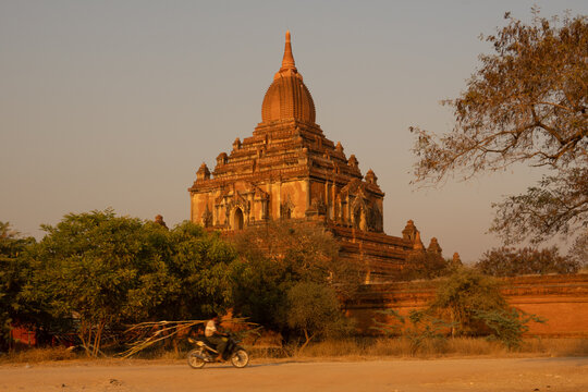 View of an ancient temple glowing in the soft light of dusk, surrounded by trees and a motorbike passing by, Old Bagan, Mandalay Region, Myanmar Burma.
