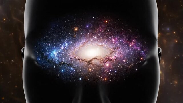 Human silhouette with a swirling golden galaxy behind and a galaxy within the head, representing cosmic consciousness and the universe within.