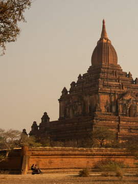 View of ancient temples rise in the soft, golden light, their weathered brick textures contrasting with the sparse vegetation, Old Bagan, Mandalay Region, Myanmar.