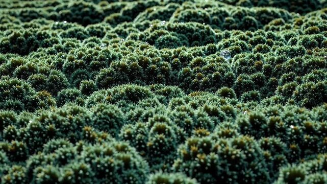 Close-up of dense, spiky green moss cushions covering a surface; emerald tones and dew droplets create an abstract, organic texture