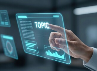 Fototapeta premium Business hand touching futuristic virtual screen interface with text topic