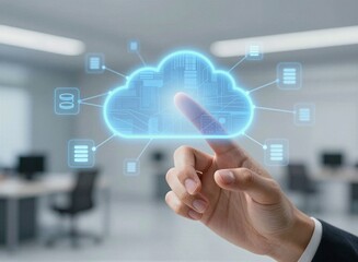 Fototapeta premium Business hand touching cloud computing and digital network interface on virtual screen