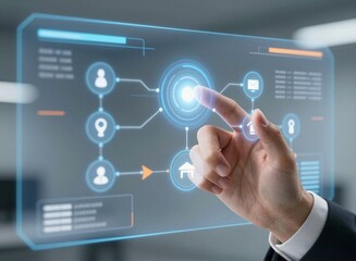 Fototapeta premium Business hand touching cloud computing and digital network interface on virtual screen