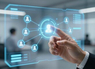 Naklejka premium Business hand touching futuristic AI interface on virtual screen in modern office