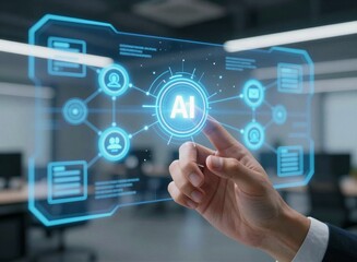 Fototapeta premium Business hand touching futuristic AI interface on virtual screen in modern office