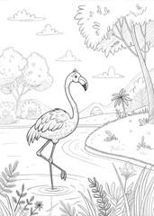 Fototapeta premium A cute flamingo standing on one leg near a calm lake, drawn as an outline sketch, only black lines, no colors, simple and clean for a children's coloring book.
