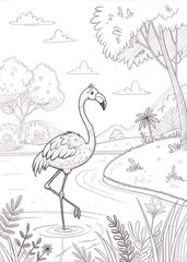 Fototapeta premium A cute flamingo standing on one leg near a calm lake, drawn as an outline sketch, only black lines, no colors, simple and clean for a children's coloring book.