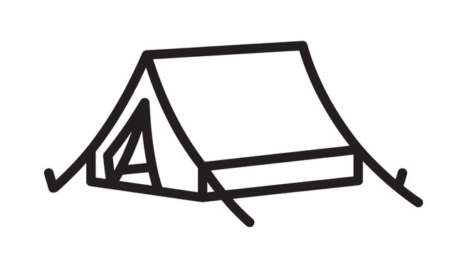 Tent simple outline icon with clean black lines and white fill for outdoor camping and adventure. featuring shelter, travel, nature with wilderness