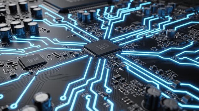 Futuristic technology circuit board microchip electronic glowing blue digital hardware innovation with modern computer processor connection, data science engineering system, network component