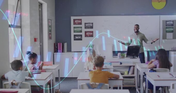 Teacher speaking and gesturing in class speech initiating flowing bars animating explaining data