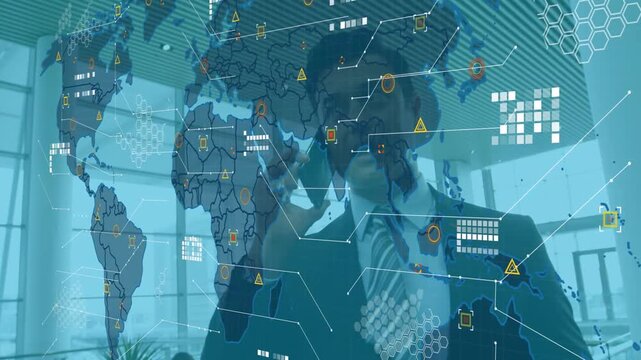 Biz exec walking to camera, calling and starting HUD map over atrium, covering exec, tracking sites