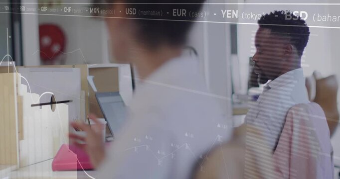 Woman reaching left as financial overlay animating, man shifting, turning, smiling at camera