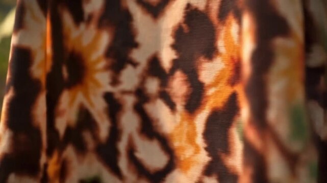 Close-up view of a fabric with an abstract animal print pattern featuring dark brown, tan, and vibrant orange-yellow hues.