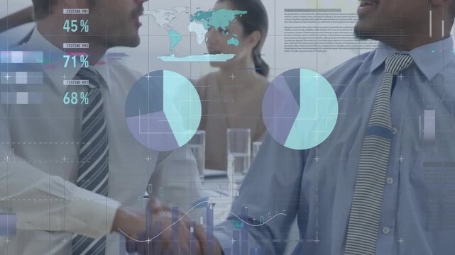 Two men conversing at business meeting, reviewing pie or bar overlays, agreeing metrics, shaking han