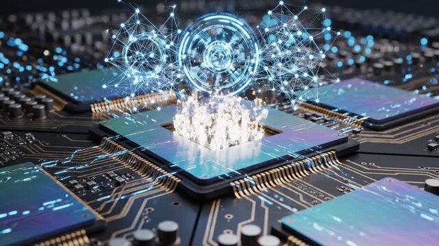 Futuristic microchip artificial intelligence digital network glowing circuit technology innovation data processing electronic component blue light abstract background circuit board hardware computer