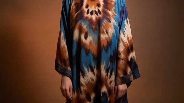 Person wearing a flowing, abstract patterned kaftan in shades of blue, brown, and cream against a warm brown background.