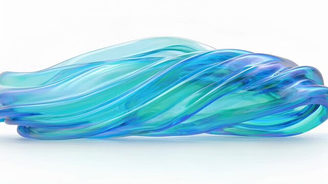Flowing translucent blue green glass sculpture with smooth layered waves and glossy reflections creating serene aquatic abstract form that evokes calm movement and fluidity translucent blue