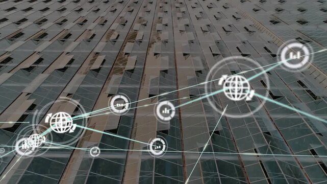 Faint HUD appearing near center left spawning globe nodes lines connecting across glass facade tech