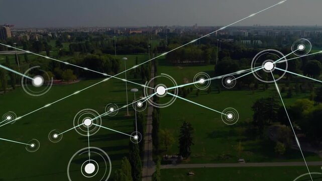 Vertical video: Appearing white node sparking network growing over park path, visualizing links