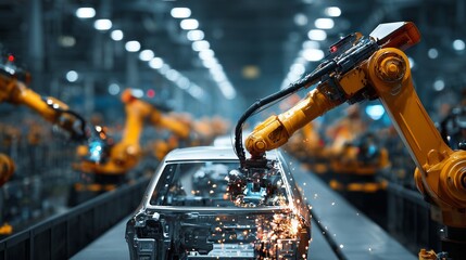 Naklejka na ściany i meble Robotic arm assembling an automotive body on an industrial vehicle production line, symbolizing automation, precision, and manufacturing efficiency.