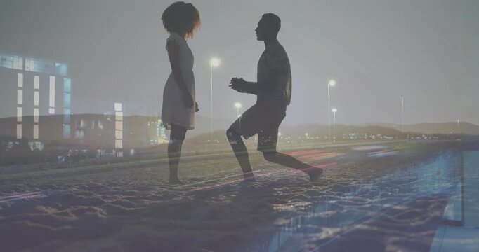 Man stepping kneeling proposing with ring box on beach, film overlay blending reflections over pair