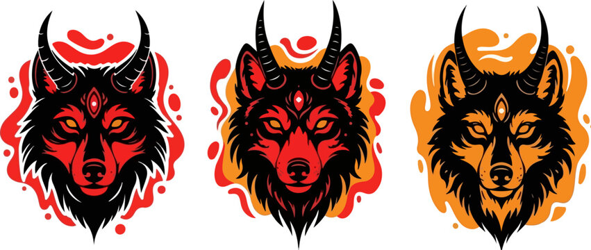 Set of 3 horned wolf head illustrations in red and orange, vector for gaming or mascot design