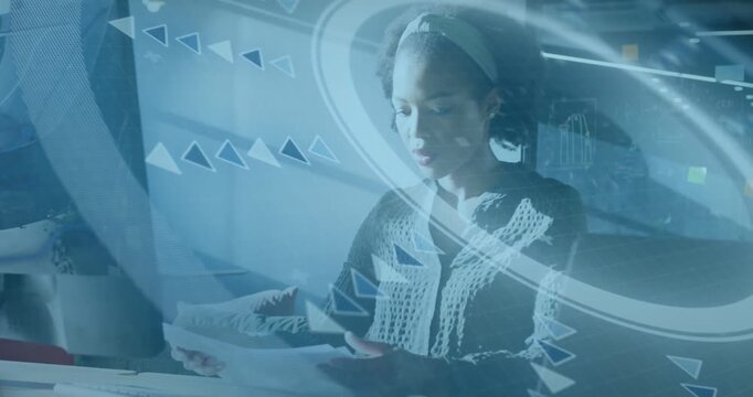 Office woman holding sheet and sorting pages, triangles and circular HUD highlighting for report