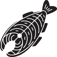 Stylized black and white illustration of a fish steak with visible bone structure and tail fins © Tayyab