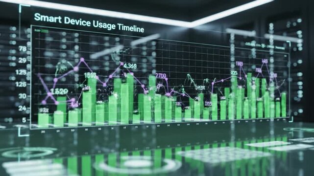Smart device usage timeline data chart graph technology digital futuristic green analysis statistics information interface screen business finance trend modern innovation abstract network with