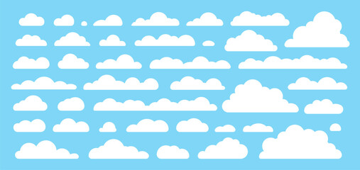 Fototapeta premium Fluffy white cloud icon set. Simple flat cartoon clouds in blue sky background. Children weather design elements. Vector illustration