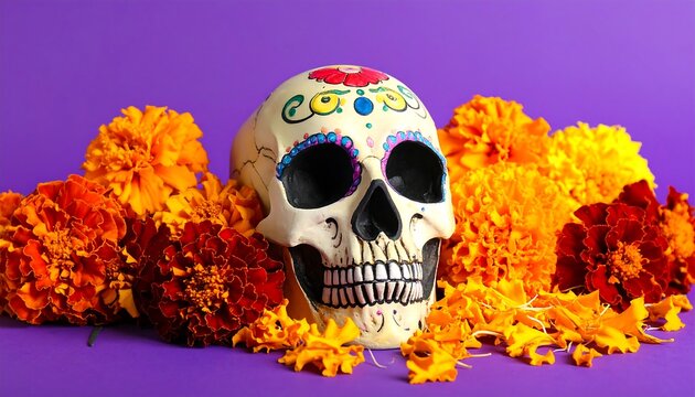 Decorated Sugar Skull Surrounded by Marigolds on Purple Background.