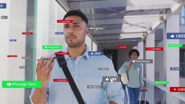 Man walking, speaking into phone in skybridge, drawing floating social media tags for voice input