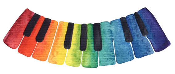 Rainbow piano keys. Colorful music conceptual illustration isolated on the transparent background. Composition with watercolor hand painted elements.  © KsanaGraphica