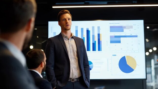 Young male professional presents data in a modern office setting while colleagues observe during a meeting in the afternoon