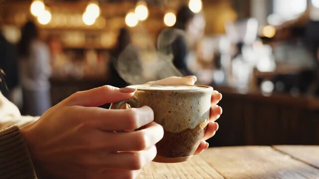 Hands holding steaming coffee cup on wooden table
